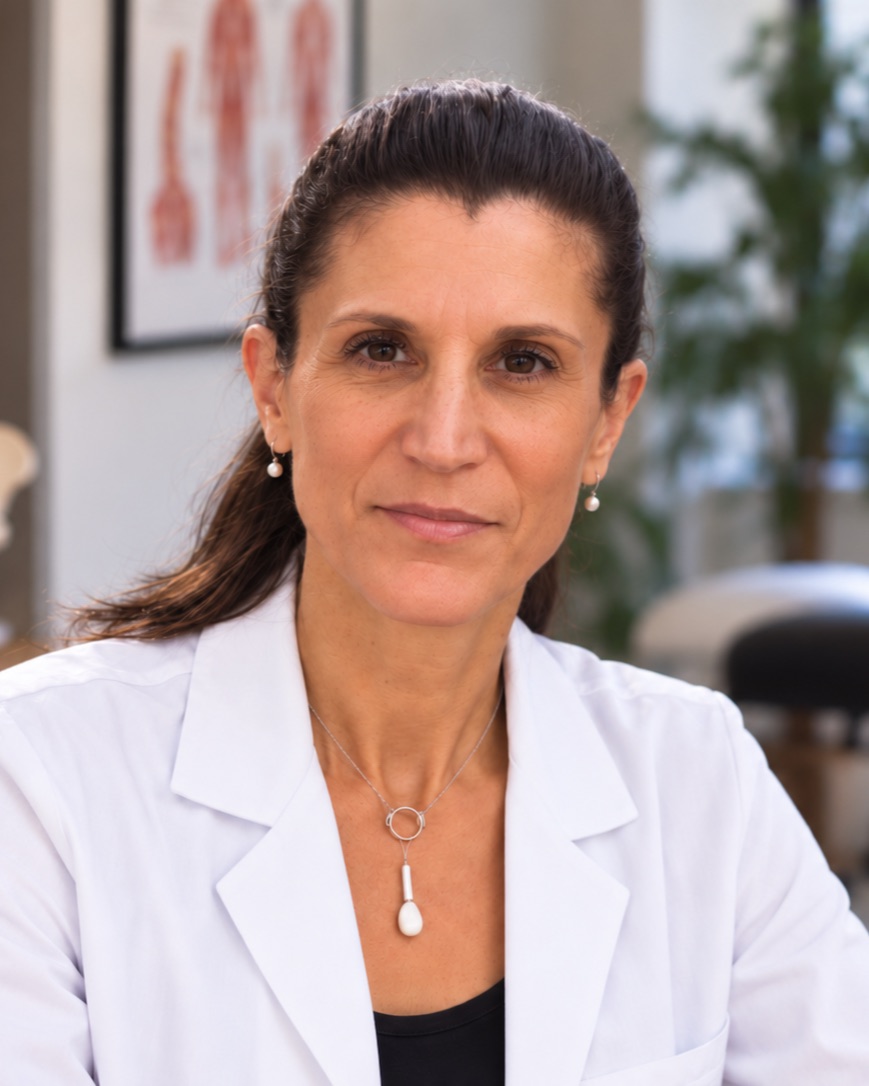 Dr. Magdalini Stefanou-Skourides, Doctor of Chiropractic, in a white coat at her clinic in Nicosia.