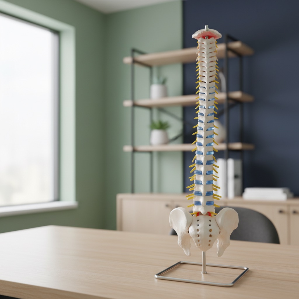 Close-up of a detailed spinal model in a bright, modern chiropractic office with soft clinical lighting.