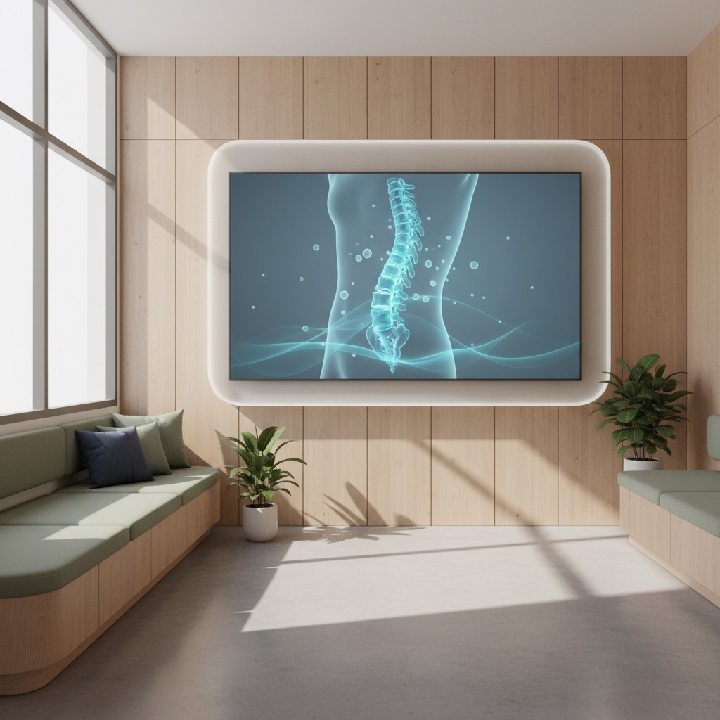 A modern medical digital display showing a clean 3D anatomical visualization of a human spine with calming blue and teal data points.