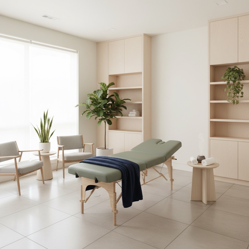 A serene, modern chiropractic treatment room with soft natural light.