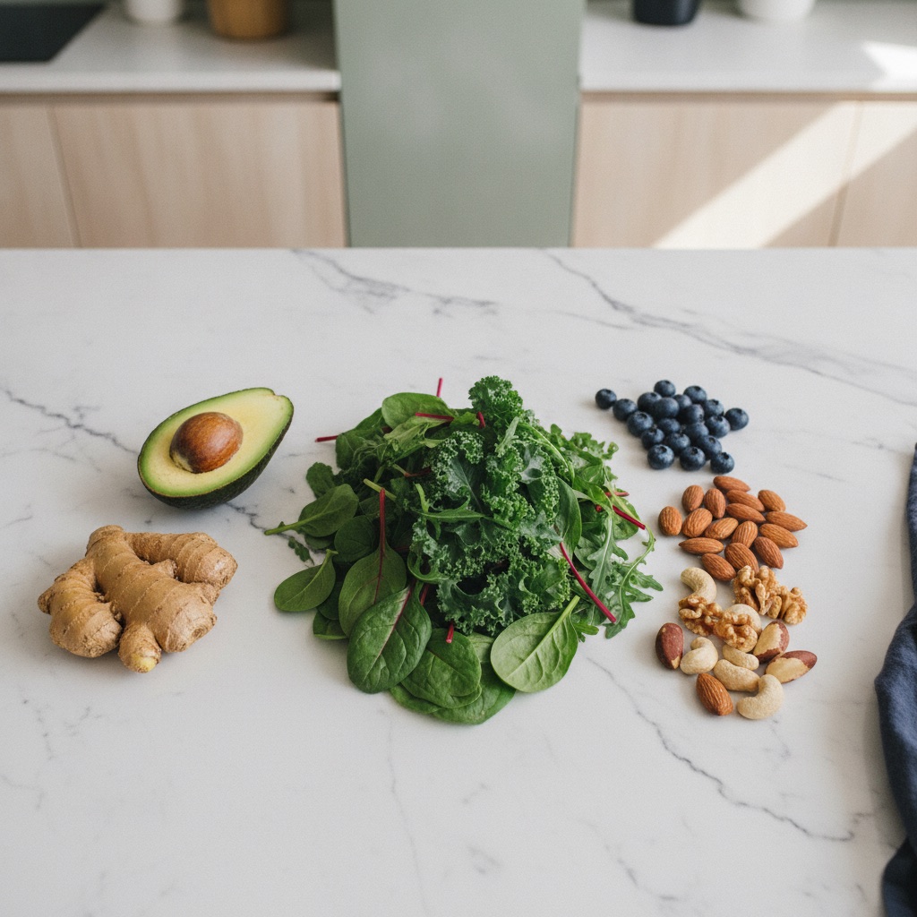 A flat lay of fresh organic ingredients including kale, ginger, avocados, and blueberries on white marble.