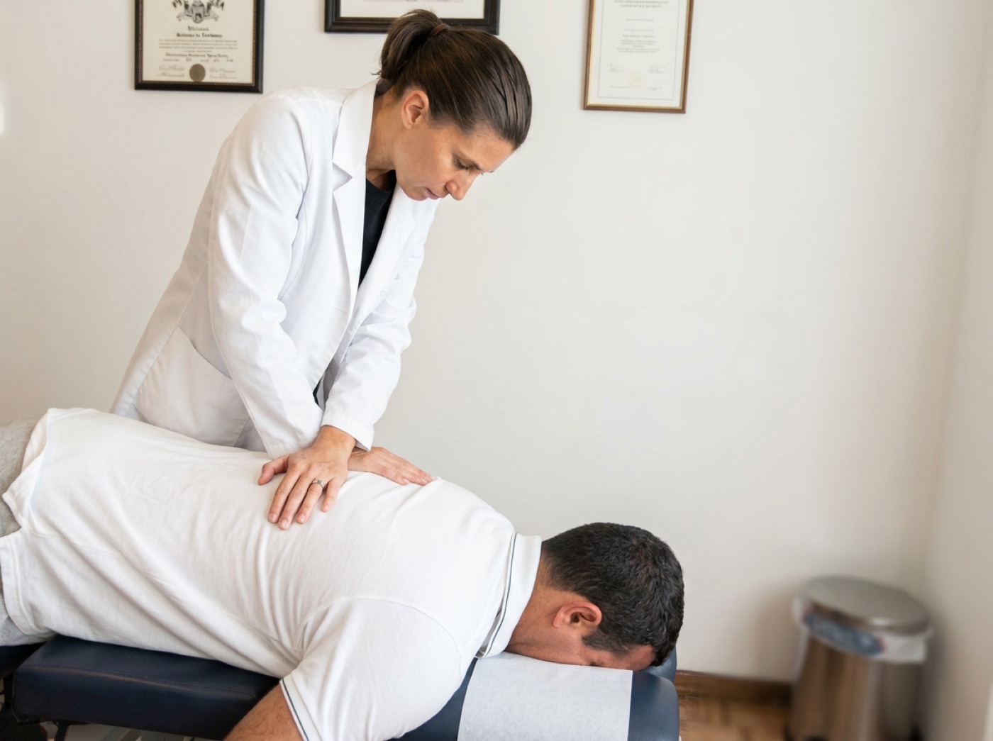 Dr. Magdalini Stefanou-Skourides in a white coat performing a chiropractic adjustment on a patient's upper back.